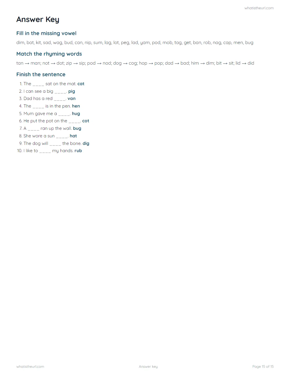 CVC word family worksheet - answer key