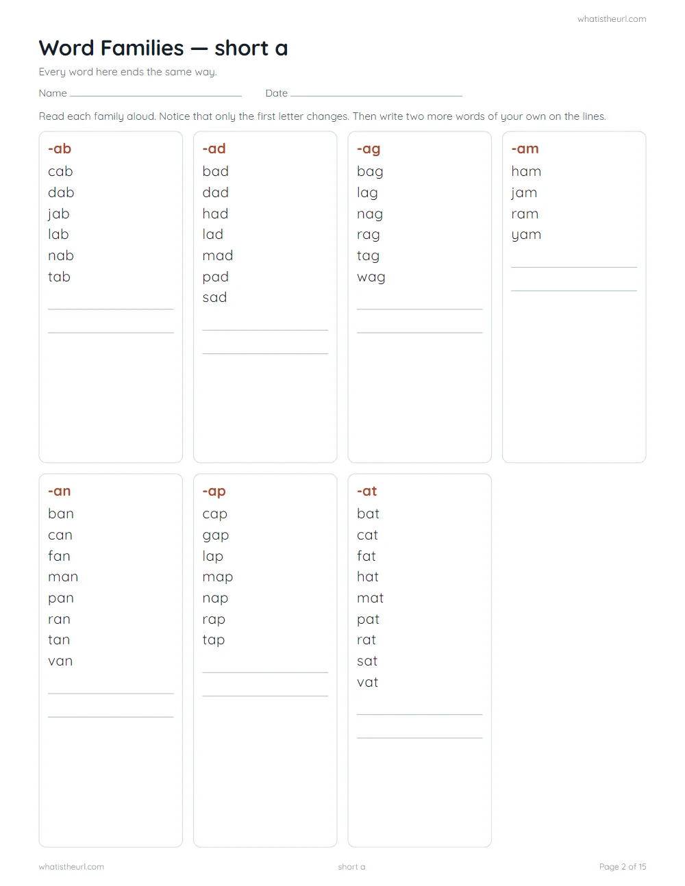 CVC word family worksheet - word families: short a