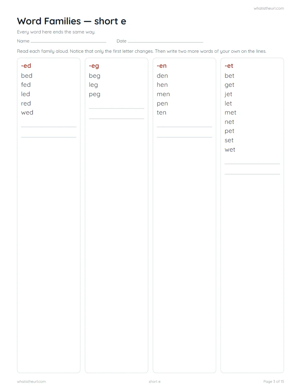 CVC word family worksheet - word families: short e