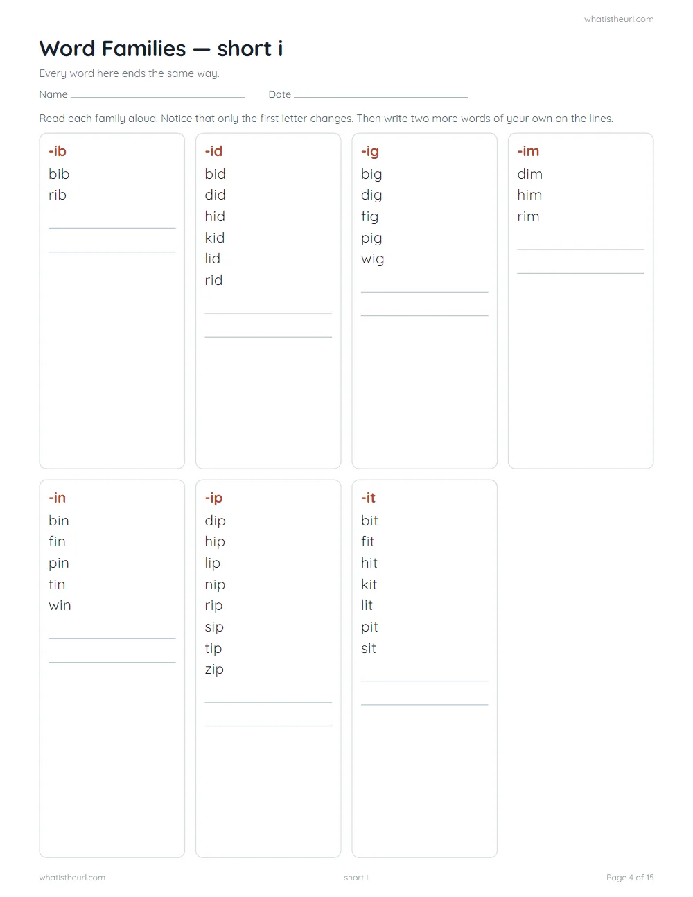 CVC word family worksheet - word families: short i
