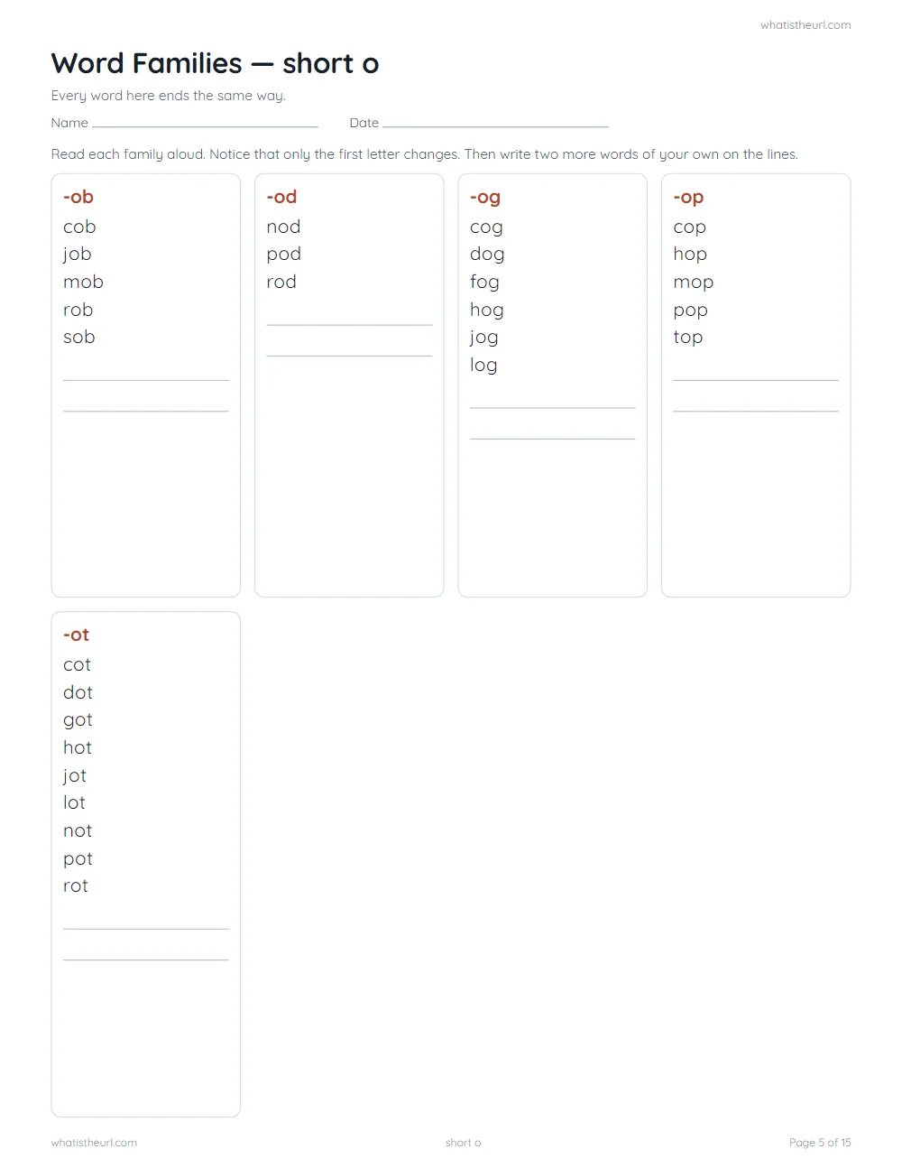 CVC word family worksheet - word families: short o
