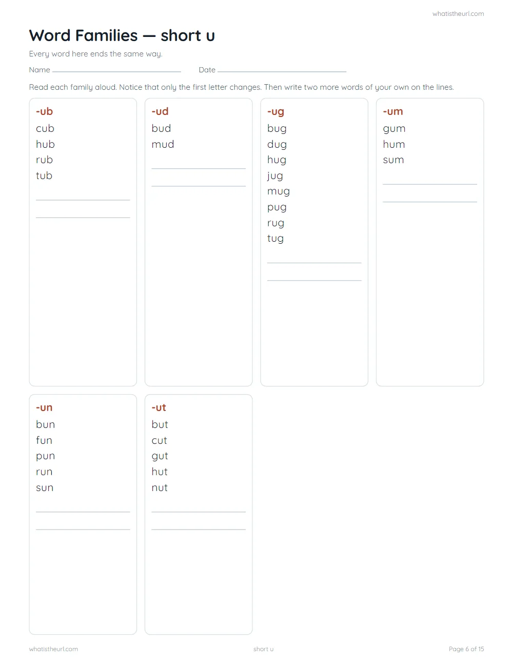 CVC word family worksheet - word families: short u