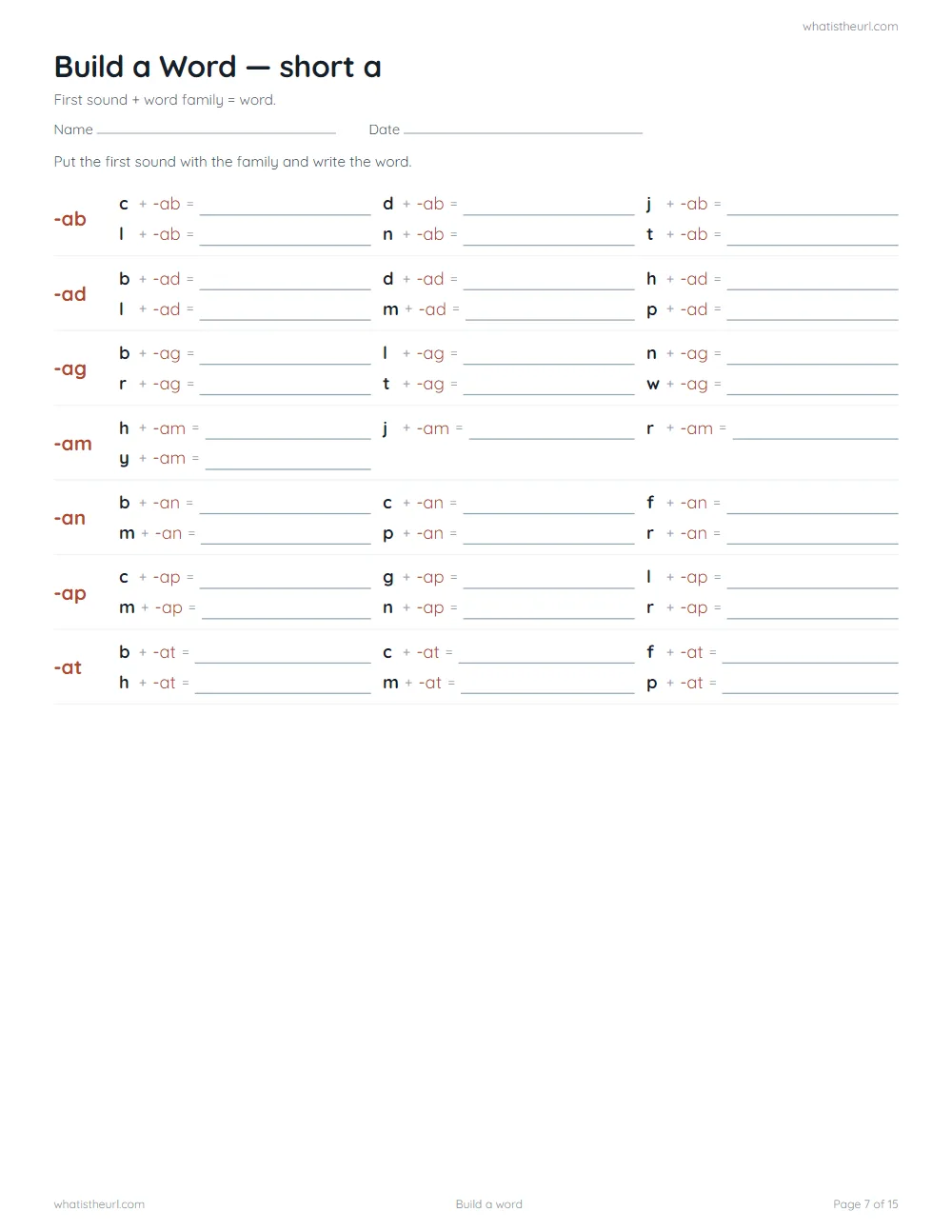 CVC word family worksheet - build a word: short a
