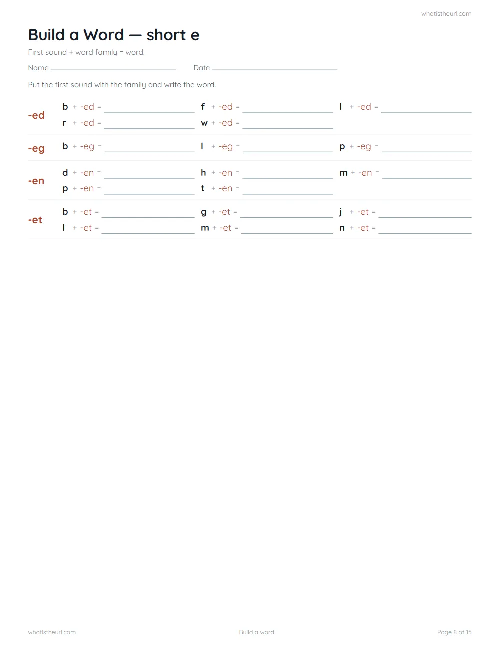 CVC word family worksheet - build a word: short e
