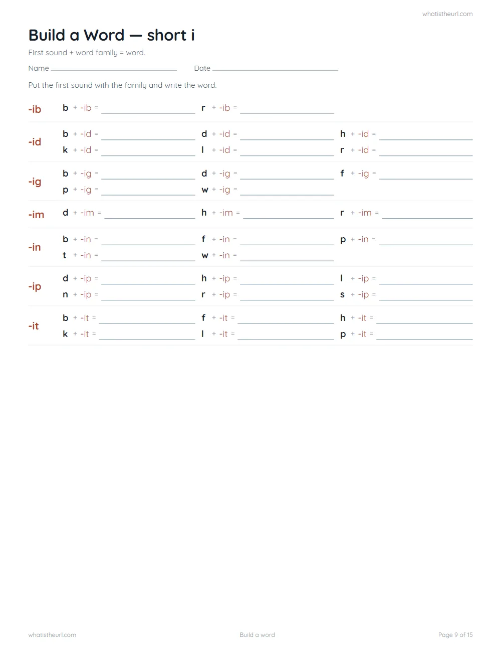 CVC word family worksheet - build a word: short i