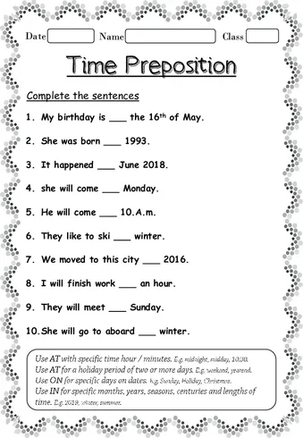 Worksheet on Time Preposition worksheet preview Worksheet on Time Preposition worksheet preview