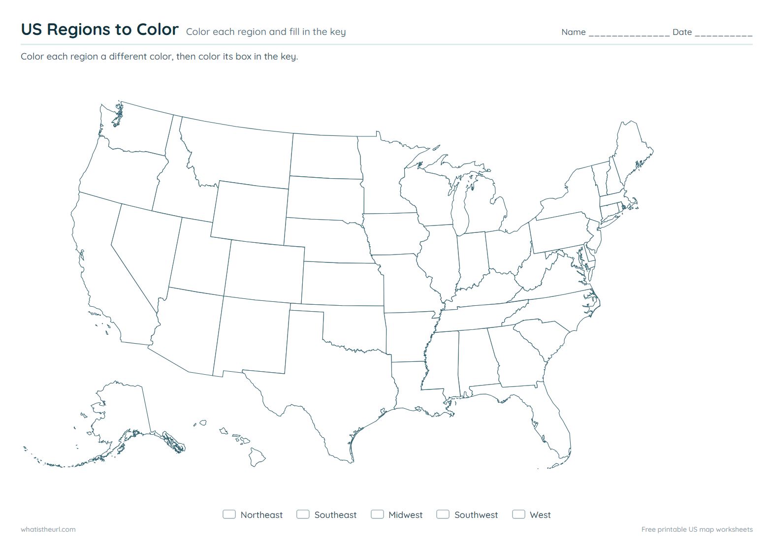 US Regions to Colour - Colour each region and fill in the key