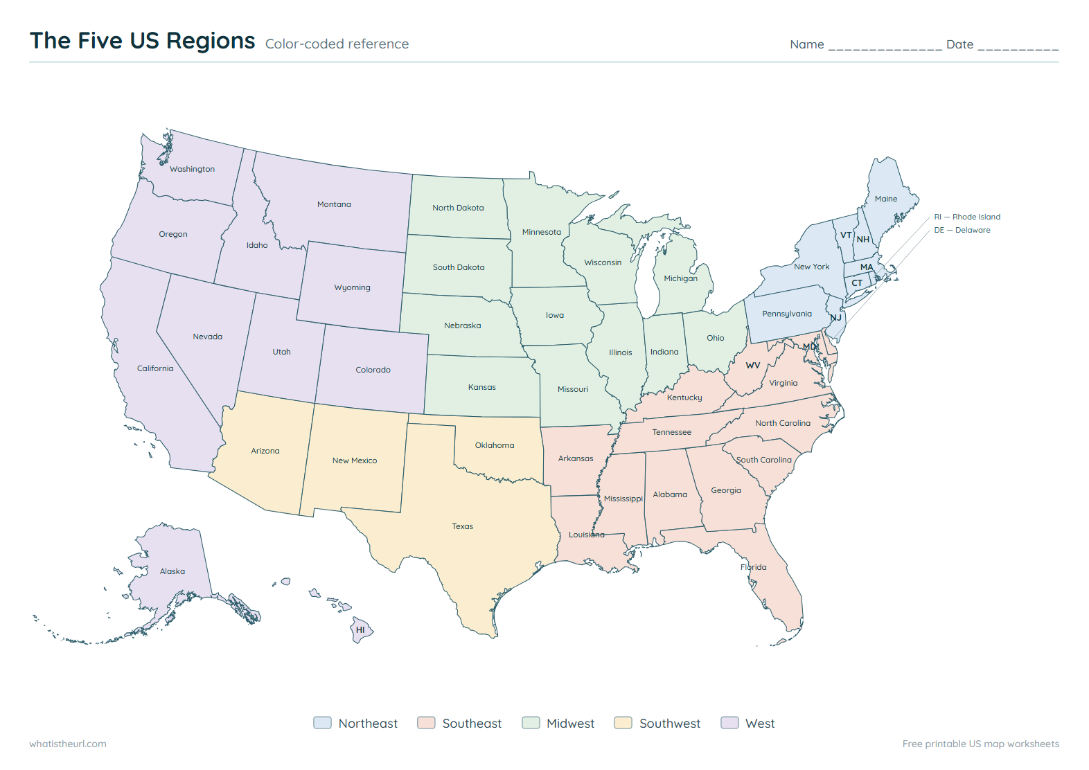 The Five US Regions - Colour-coded reference