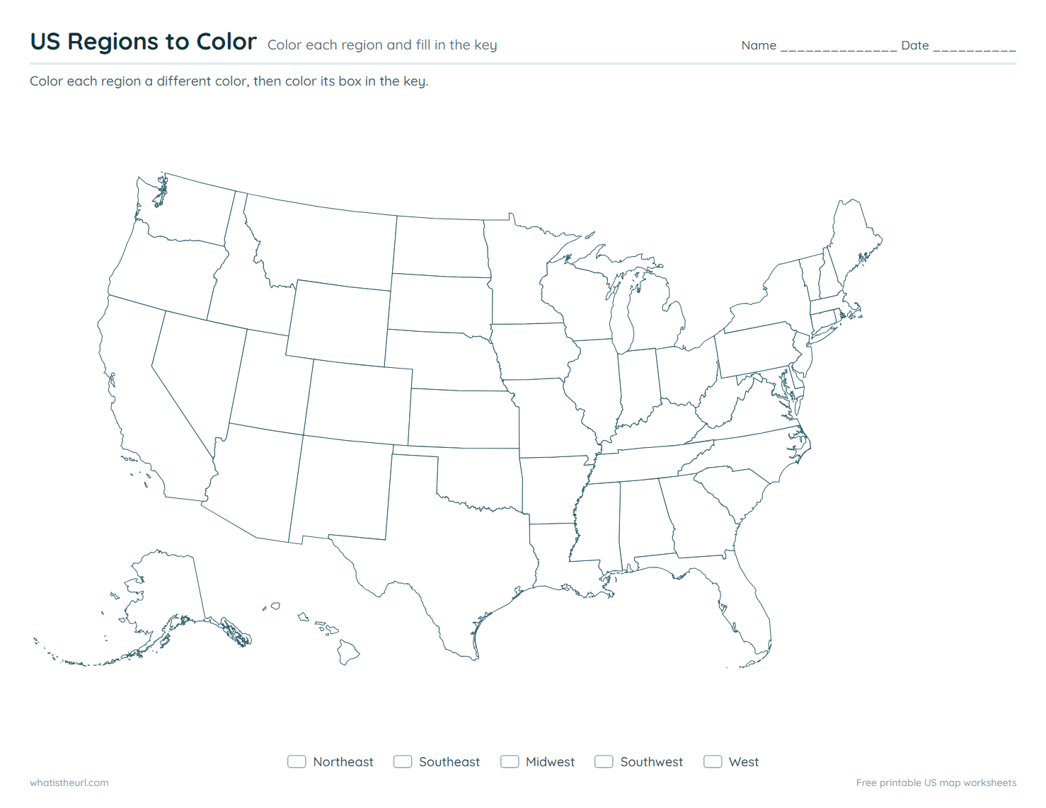 US Regions to Colour - Colour each region and fill in the key