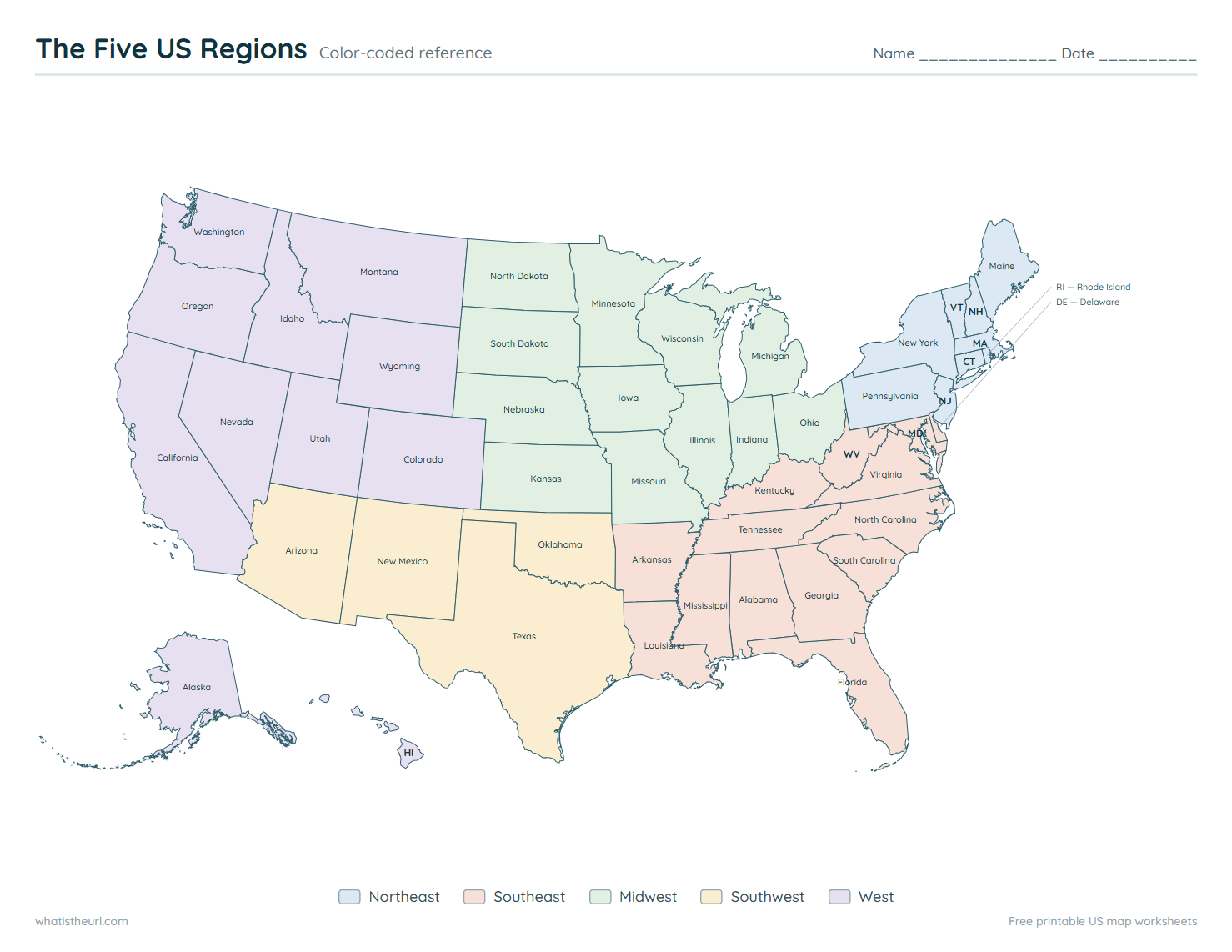 The Five US Regions - Colour-coded reference