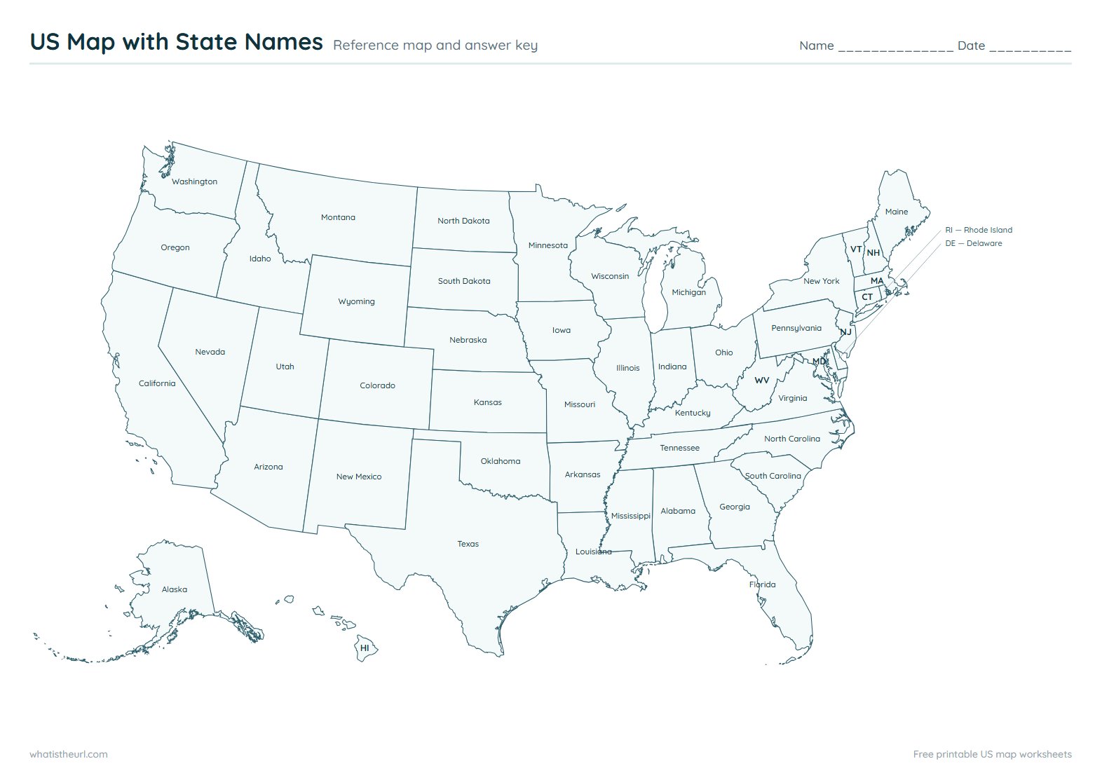 US Map with State Names - Reference map and answer key