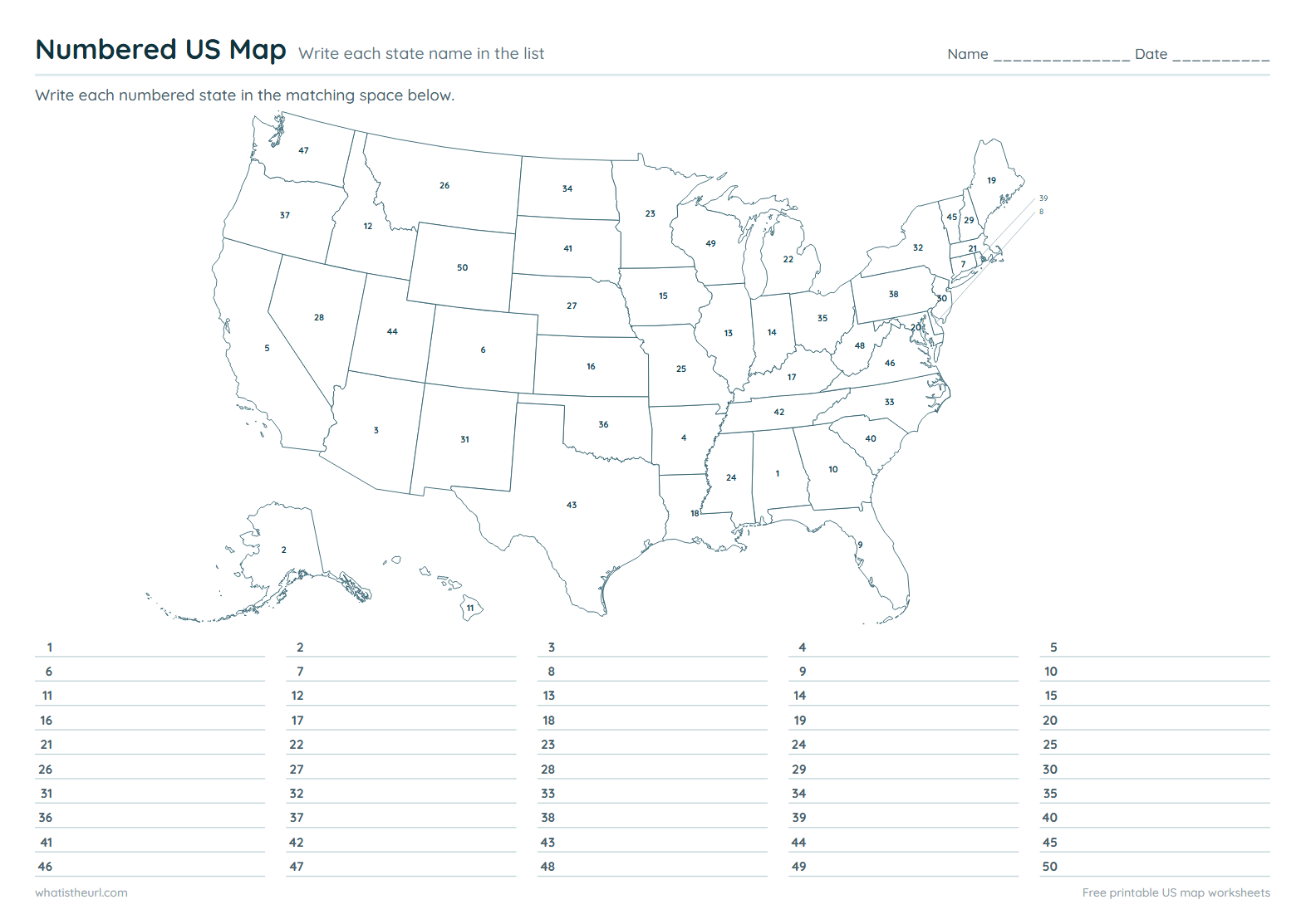 Numbered US Map - Write each state name in the list