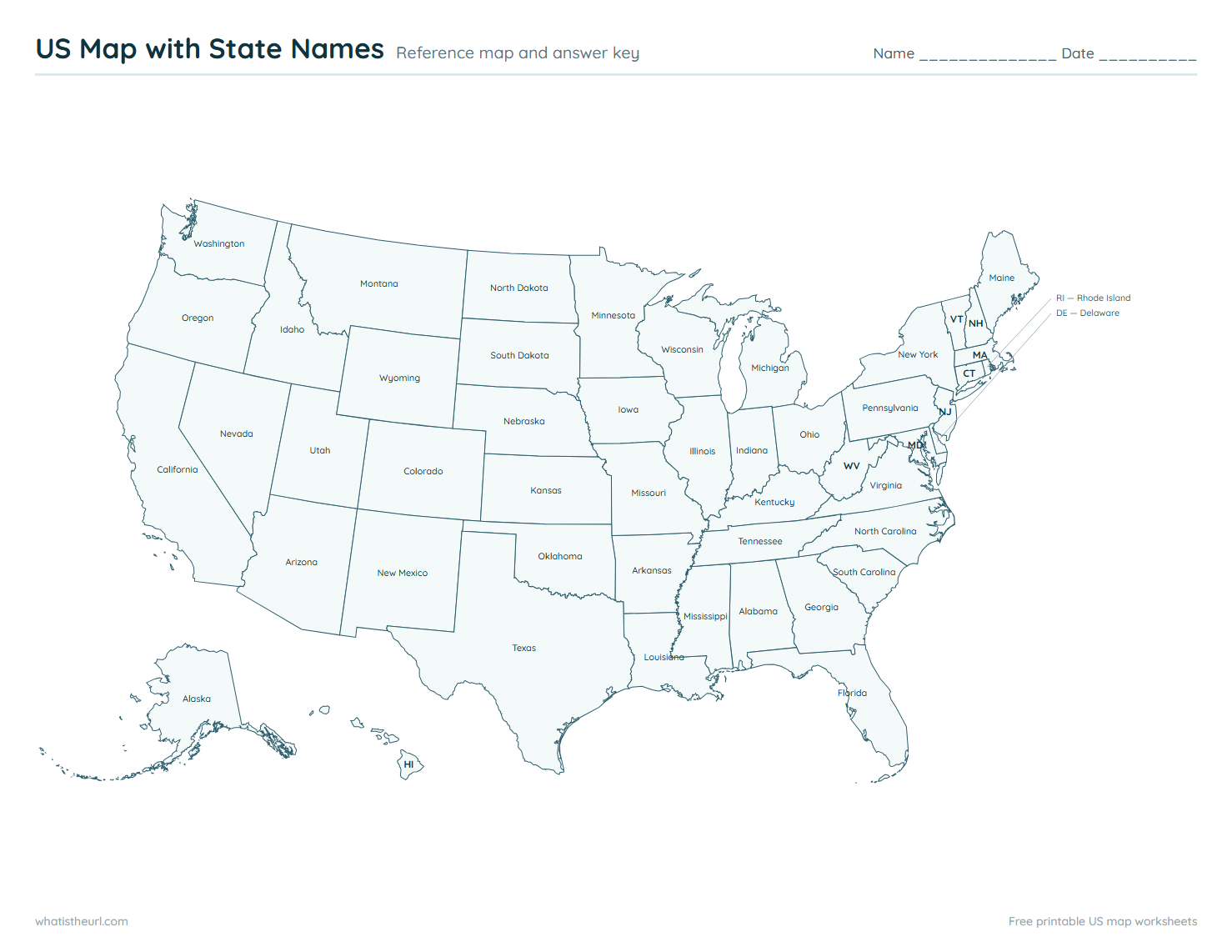 US Map with State Names - Reference map and answer key
