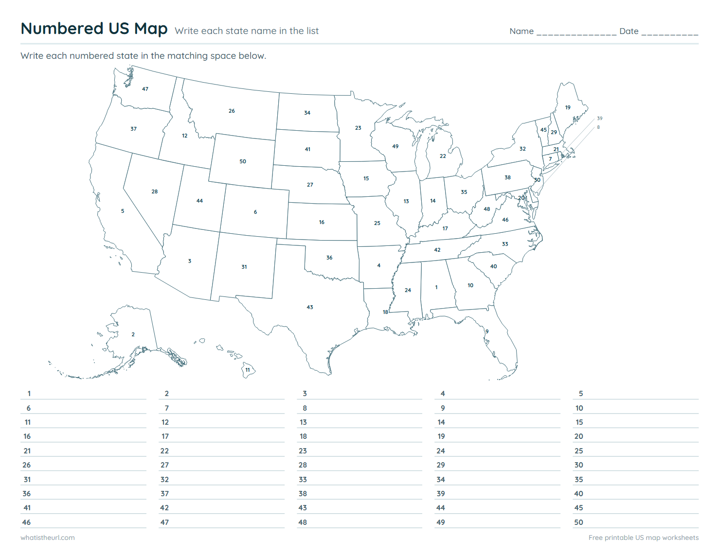 Numbered US Map - Write each state name in the list