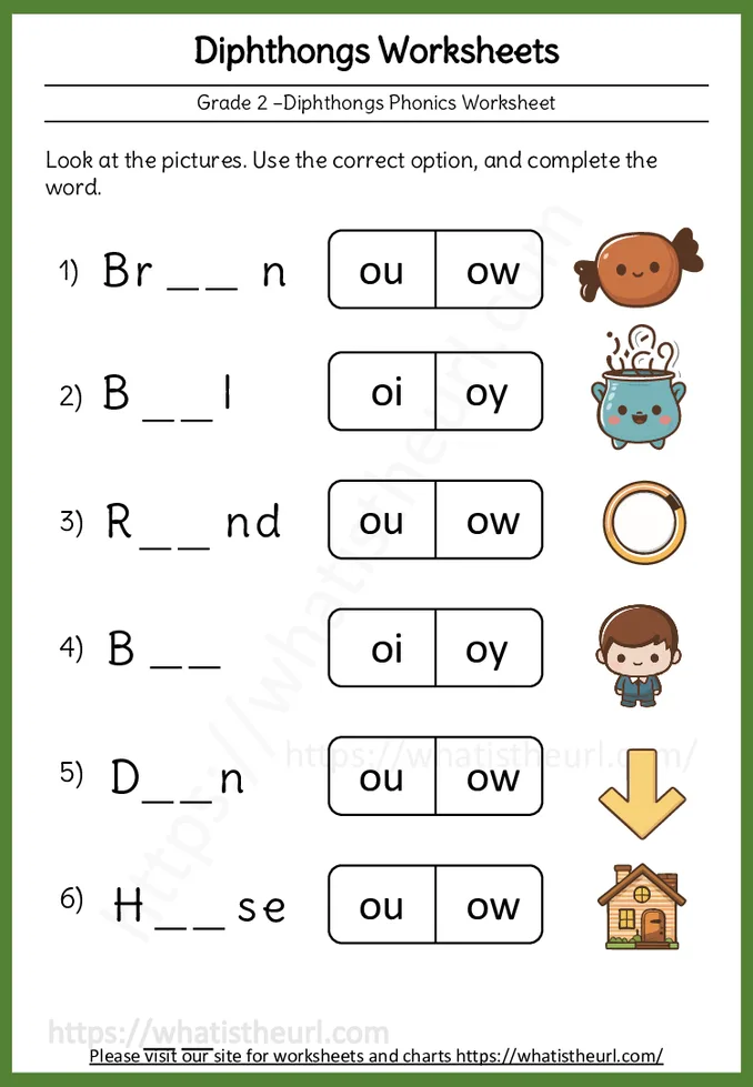 Diphthongs Worksheets for Grade 2