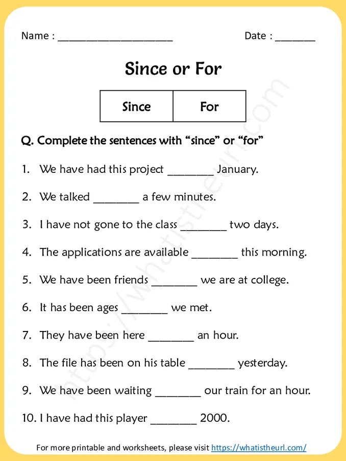Since or For Worksheet - Exercise 1