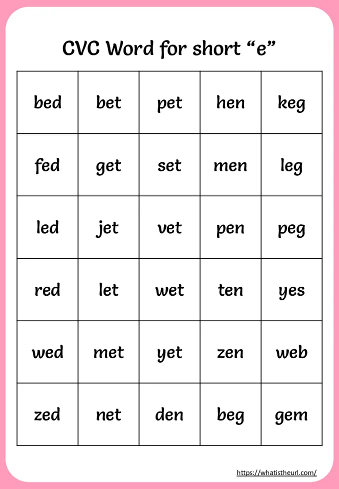 Printable CVC Words For Short "e"