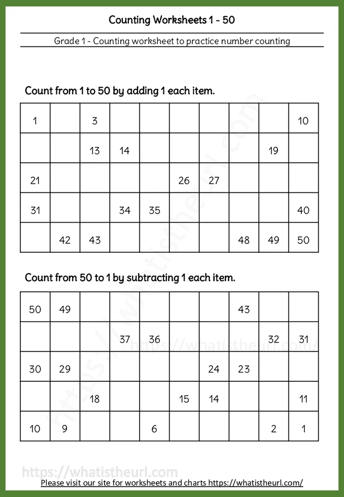 Counting from 1 to 50 Find the missing numbers worksheet preview