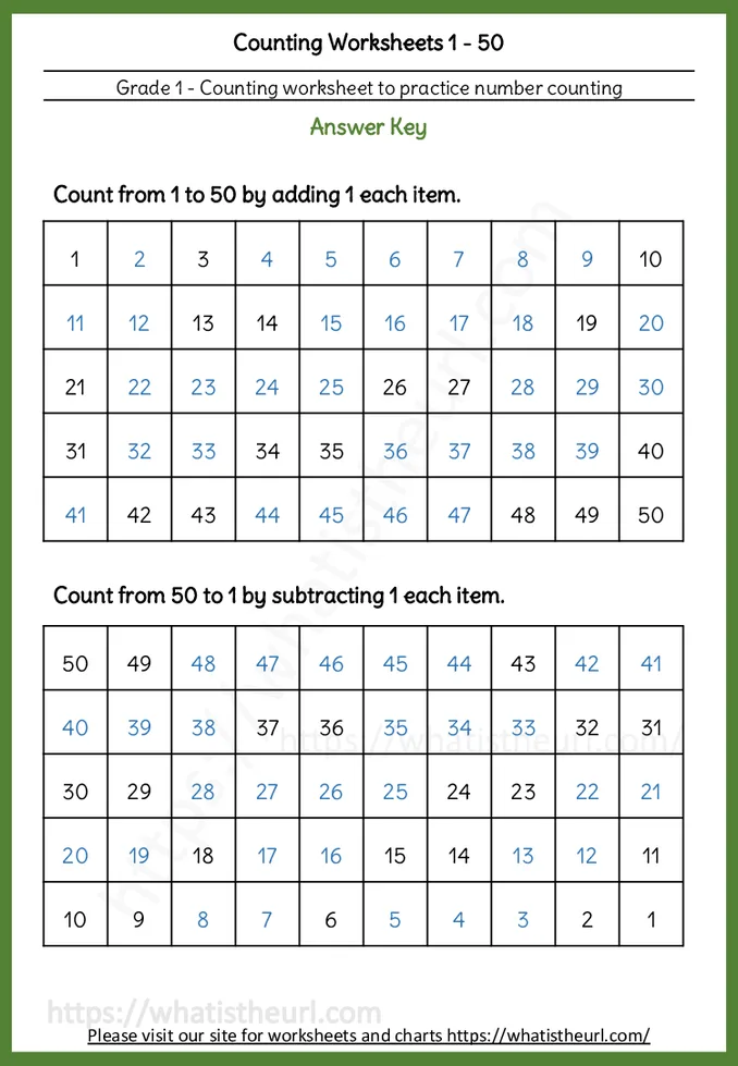 Counting from 1 to 50 Find the missing numbers worksheet preview