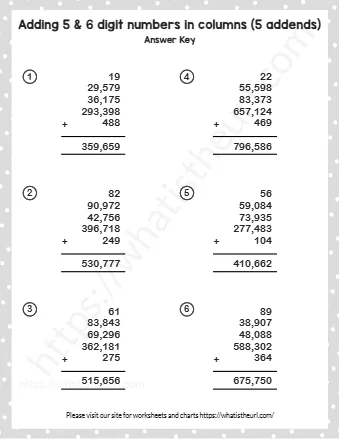 Adding 5 & 6 Digit Numbers In Columns 5 Addends
