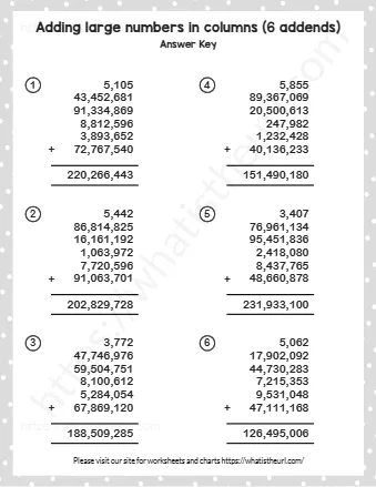 Adding Large Numbers In Columns 6 Addends