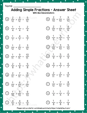 Adding Simple Fractions Answer Sheet