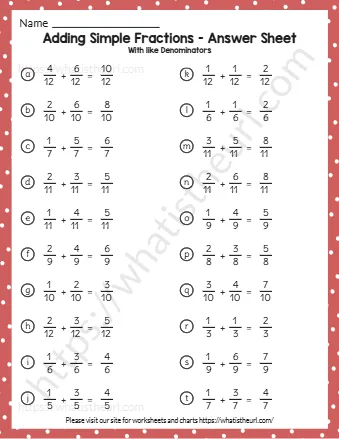 Adding Simple Fractions Answer Sheet