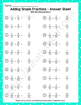Adding Simple Fractions Answer Sheet