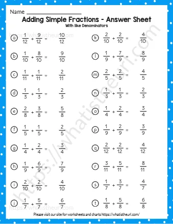 Adding Simple Fractions Answer Sheet