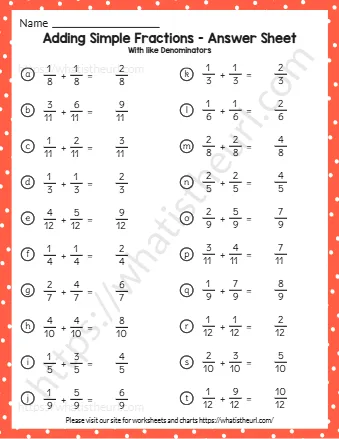 Adding Simple Fractions Answer Sheet