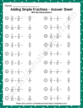 Adding Simple Fractions Answer Sheet