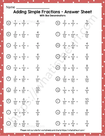 Adding Simple Fractions Answer Sheet
