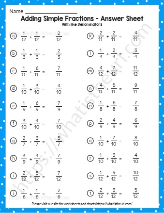 Adding Simple Fractions Answer Sheet