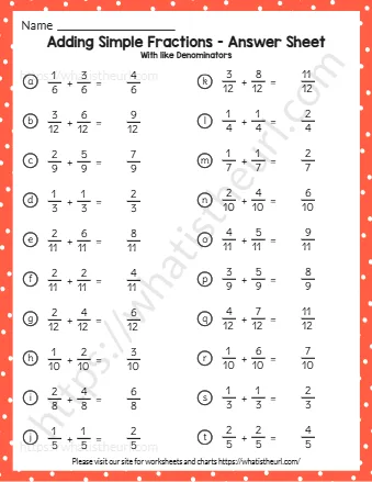 Adding Simple Fractions Answer Sheet