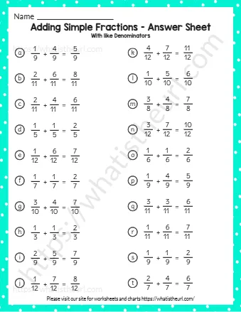 Adding Simple Fractions Answer Sheet