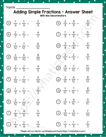 Adding Simple Fractions Answer Sheet