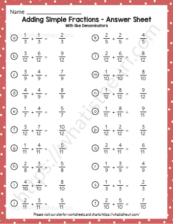 Adding Simple Fractions Answer Sheet