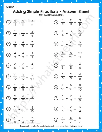Adding Simple Fractions Answer Sheet