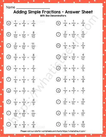 Adding Simple Fractions Answer Sheet