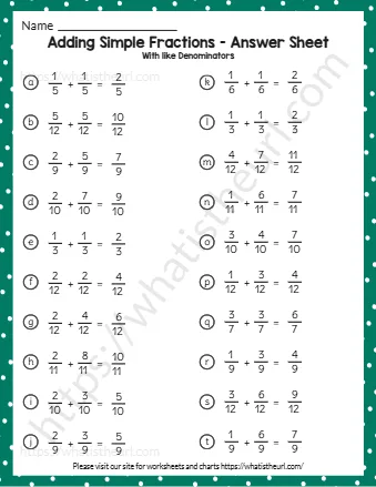 Adding Simple Fractions Answer Sheet
