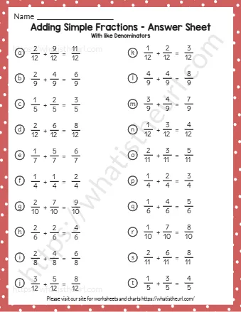 Adding Simple Fractions Answer Sheet
