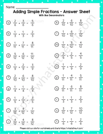 Adding Simple Fractions Answer Sheet