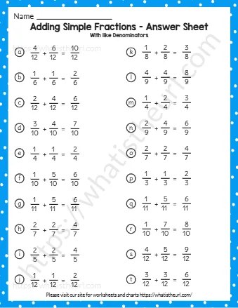 Adding Simple Fractions Answer Sheet