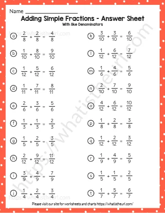 Adding Simple Fractions Answer Sheet
