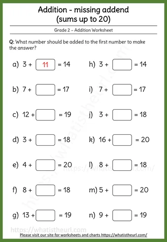 Adding Two Numbers (Missing Addend) - Missing Addend Sums up to 20 with Answer Key
