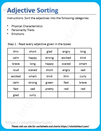 Instructions Sort The Adjectives Into The Following Categories