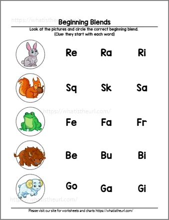Beginning blends worksheet 9 - circle the blend for each picture; choices include sk, fr
