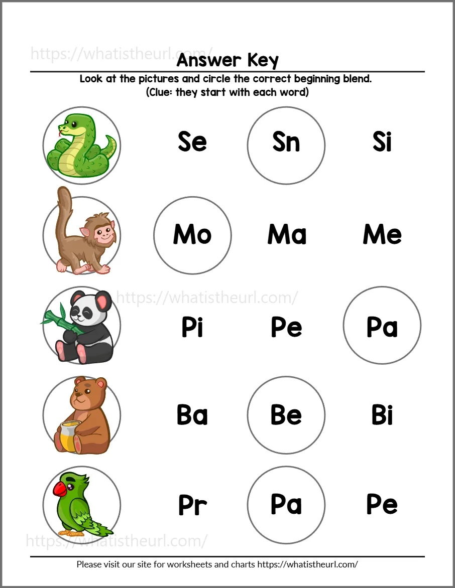Beginning blends worksheet 10 - answer key for practice page 1