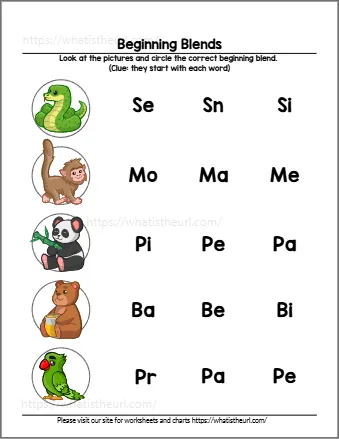 Beginning blends worksheet 10 - circle the blend for each picture; choices include sn, pr