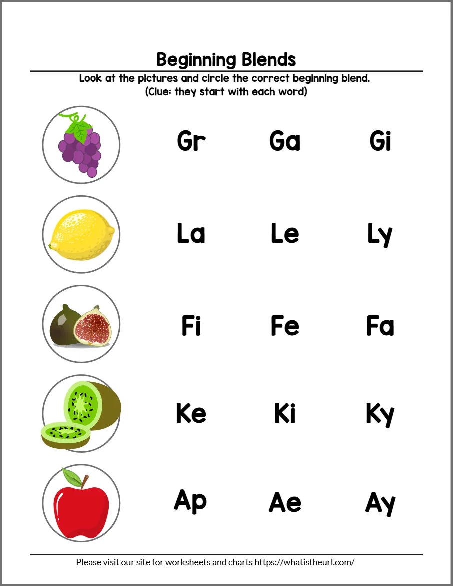 Beginning blends worksheet 11 - practice page 2; choices include ch, gr
